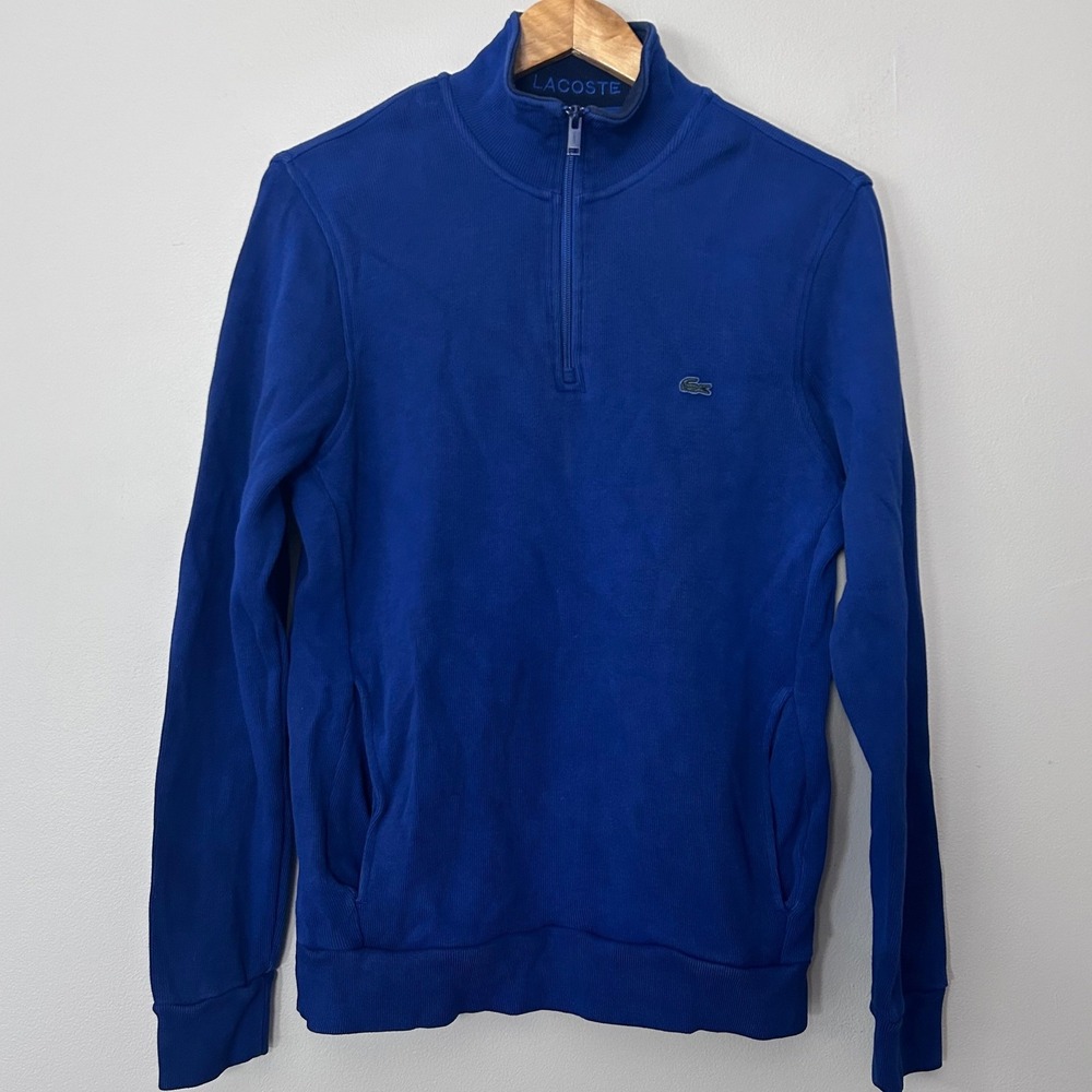 Lacoste Sweater Mens Medium Royal Blue Cotton 1/4 Zip Pullover Pockets Logo NWOT